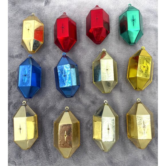 12 Vintage Jewel Brite Plastic Diamond-Shaped Ornaments Embedded Holiday Design - Picture 9 of 12